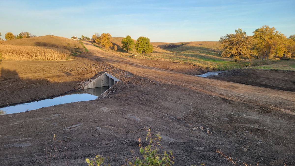 Completed culvert crossing in rolling eastern South Dakota farmland