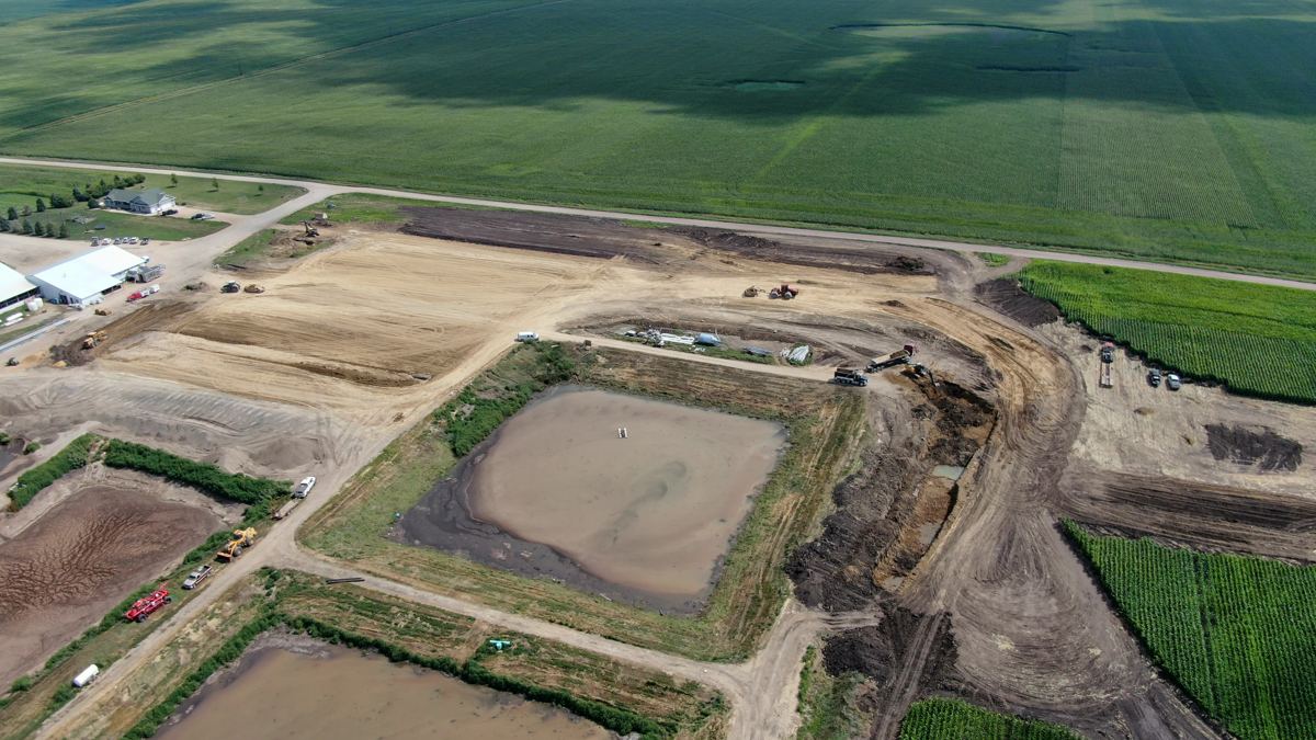 Aerial view of large-scale site prep for a dairy expansion in Hamlin County, South Dakota